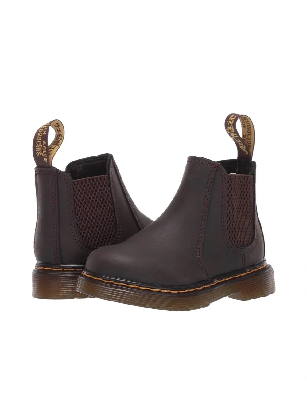 Dr. Martens Kids Dark Brown Chelsea Boots with Yellow Pull Tab and Zipper